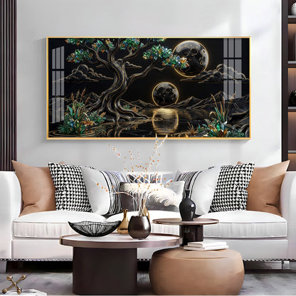 Tree & Sacred Mountains With Black & Gold Premium Acrylic Horizontal Wall Art