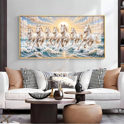 Majestic White Seven Running Horses Premium Acrylic Horizontal Wall Art