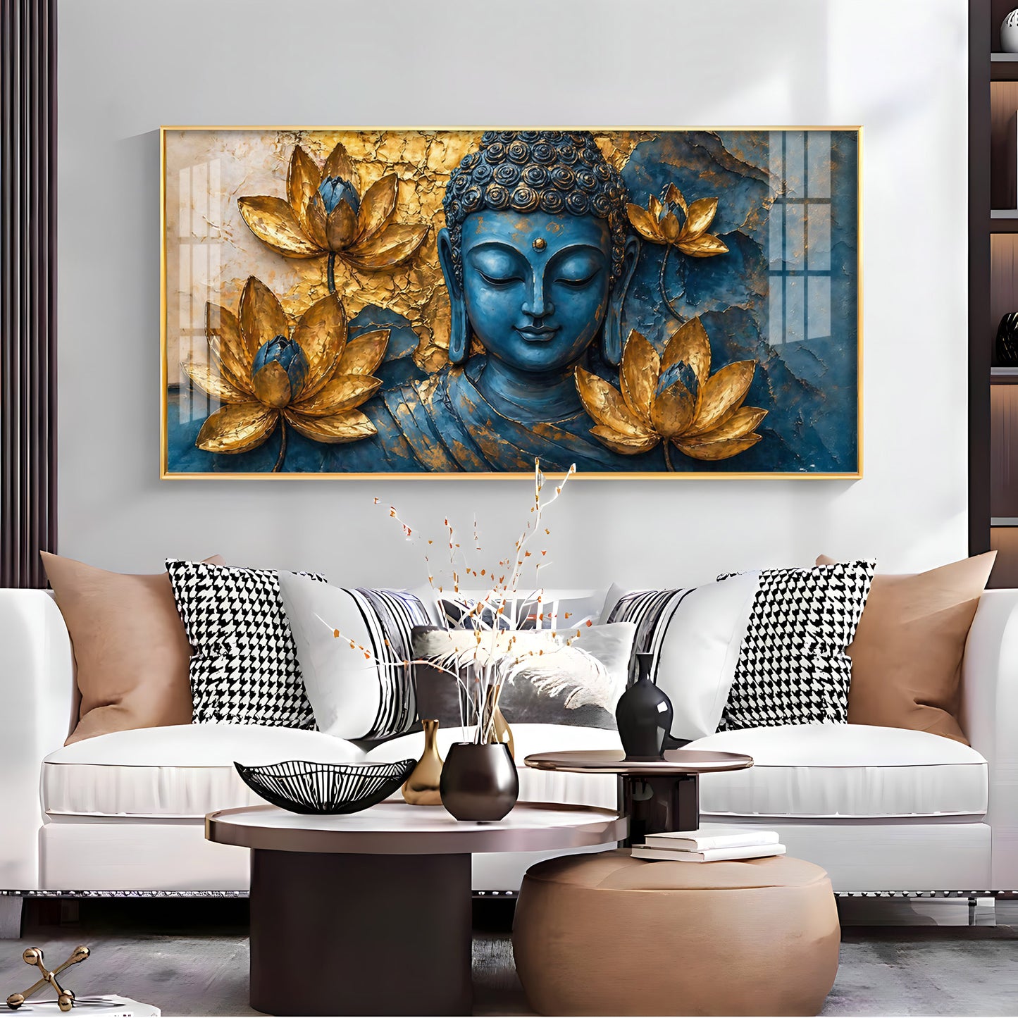 Lord Buddha Surrounded With Lotus Flowers Premium Acrylic Horizontal Wall Art