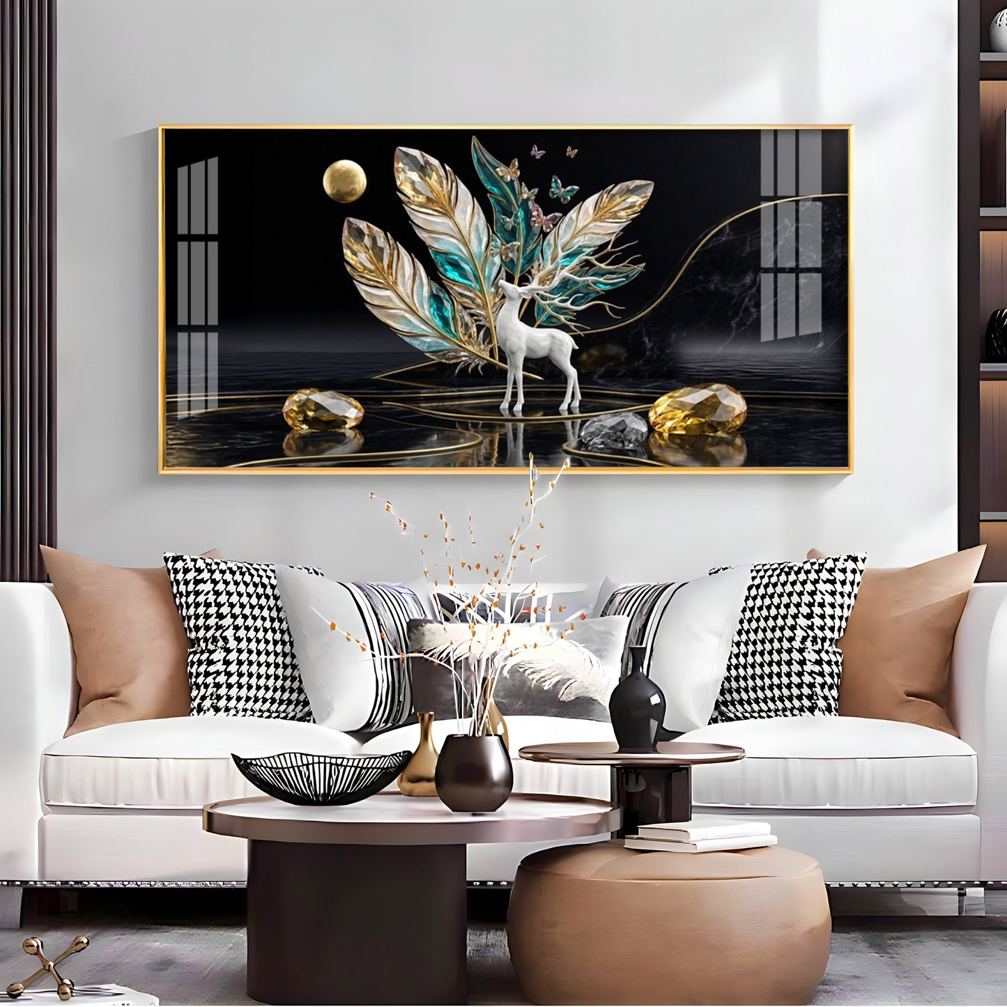 White Deer With Feathers Premium Acrylic Horizontal Wall Art