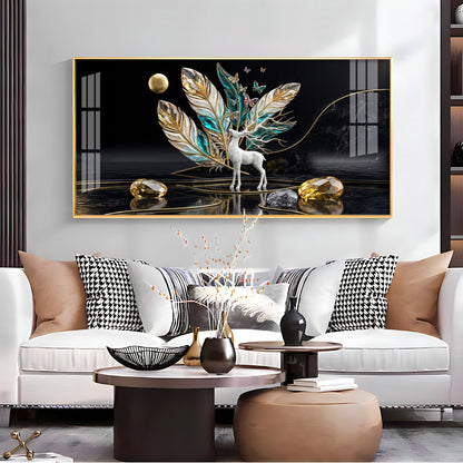 White Deer With Feathers Premium Acrylic Horizontal Wall Art