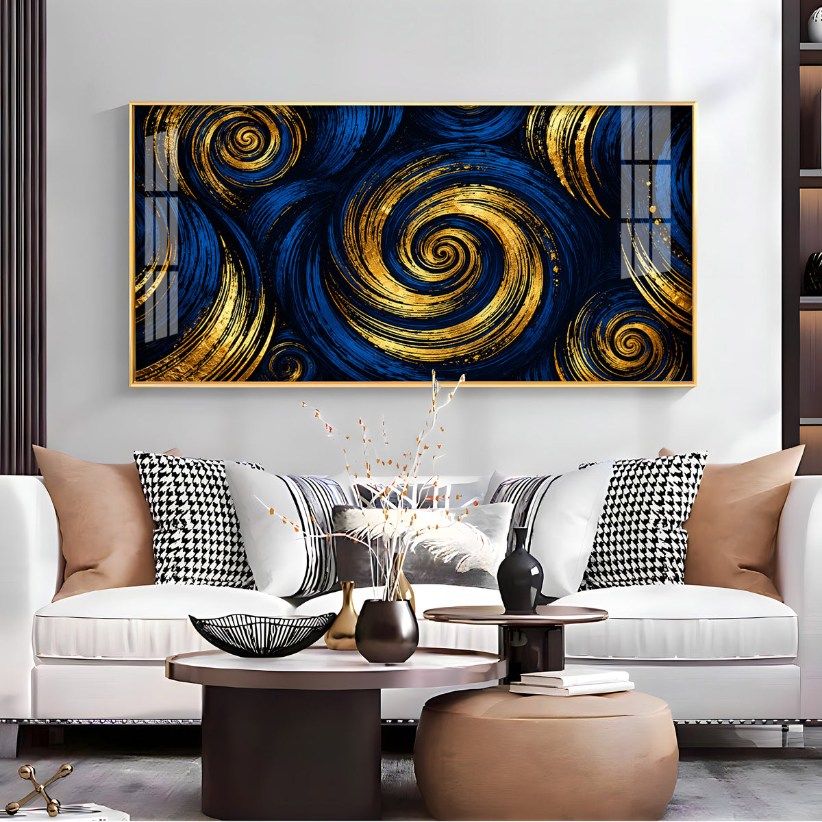 Blue Gold Swirls Premium Acrylic Horizontal Wall Art