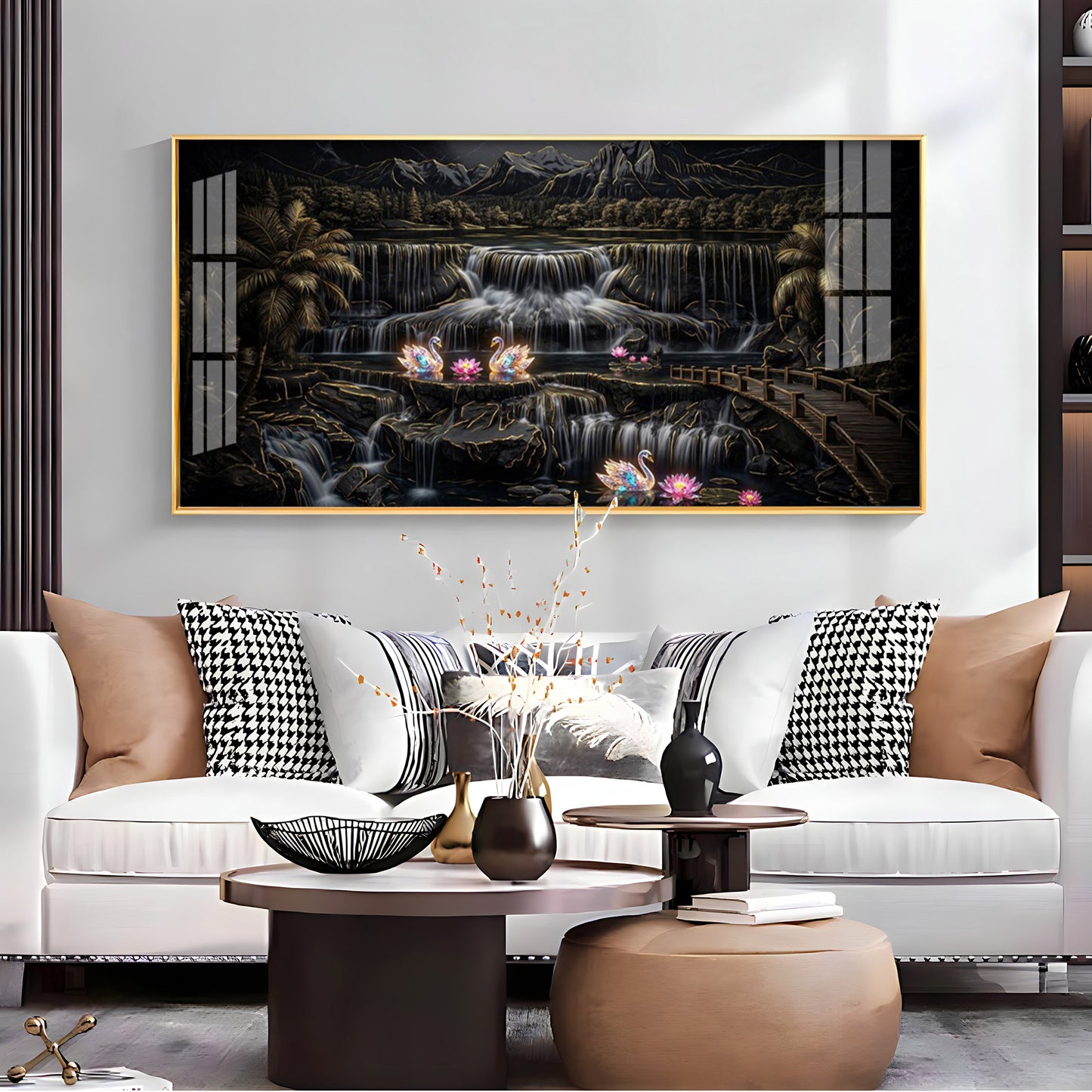 Multi-Tiered Waterfalls Swan Lake Premium Acrylic Horizontal Wall Art
