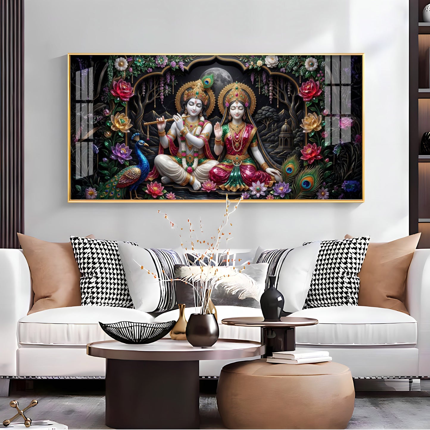 Radha Krishna Ji With Peacock Premium Acrylic Horizontal Wall Art