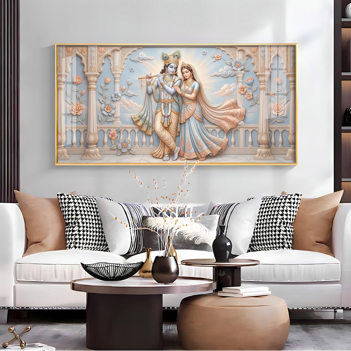 Krishna Playing The Flute Beside Radha Premium Acrylic Horizontal Wall Art