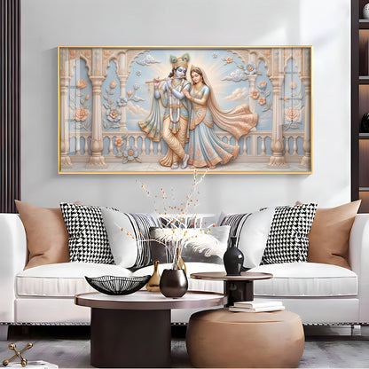 Krishna Playing The Flute Beside Radha Premium Acrylic Horizontal Wall Art