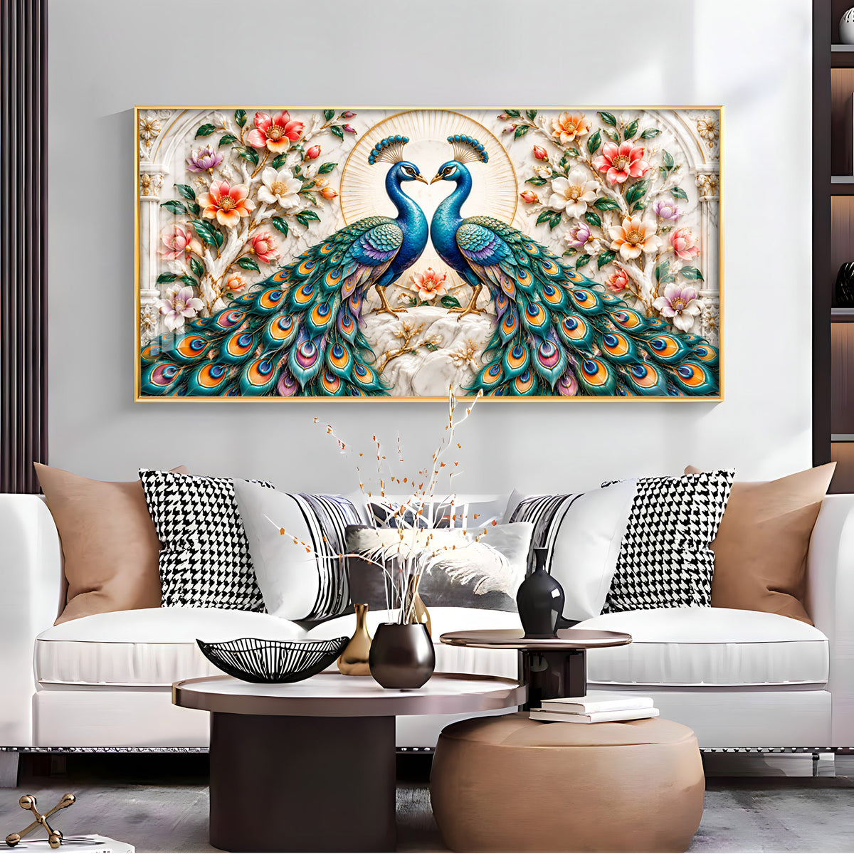 Dual Peacock Floral Premium Acrylic Horizontal Wall Art
