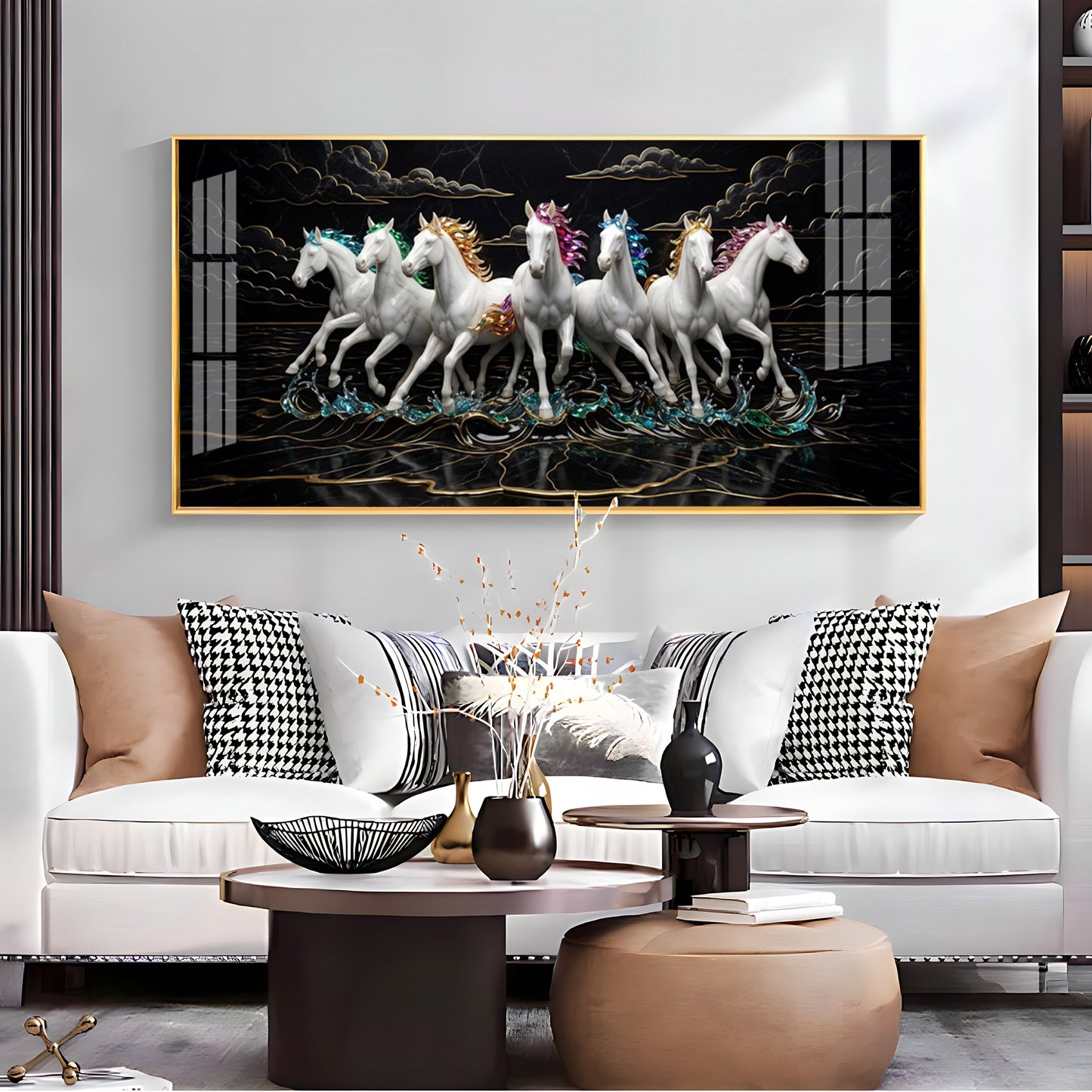 Splashing Stallions White Seven Horses Premium Acrylic Horizontal Wall Art
