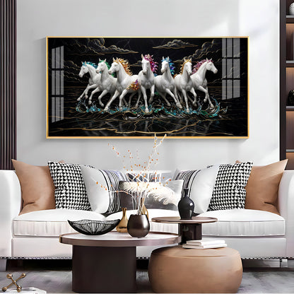 Splashing Stallions White Seven Horses Premium Acrylic Horizontal Wall Art