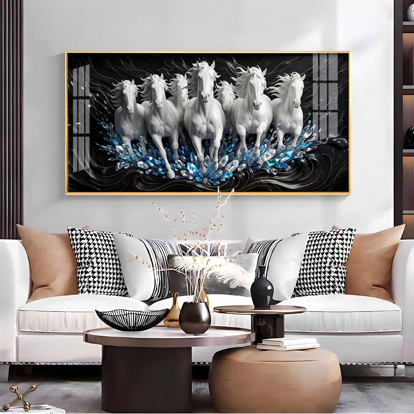 White Seven Running Horses Motivational Premium Acrylic Horizontal Wall Art