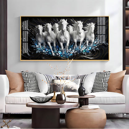 White Seven Running Horses Motivational Premium Acrylic Horizontal Wall Art