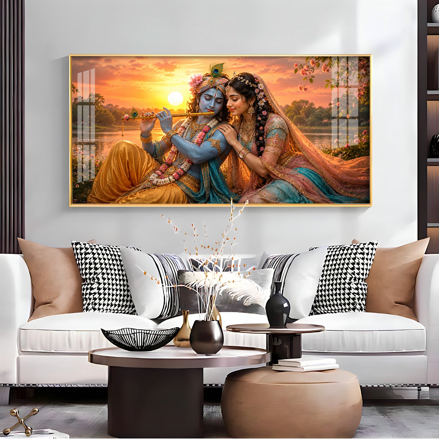 Radha & Krishna Sitting Tranquil Lakeside Premium Acrylic Horizontal Wall Art