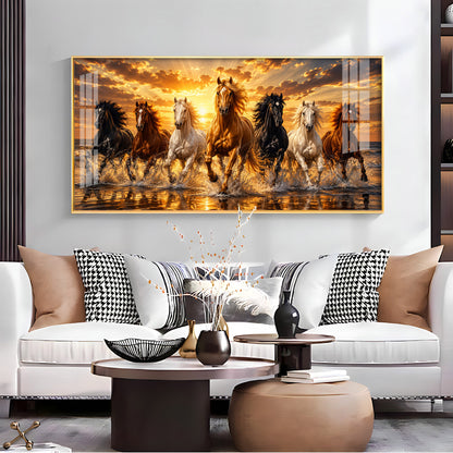 Majestic Seven Horses Golden Hour Premium Acrylic Horizontal Wall Art