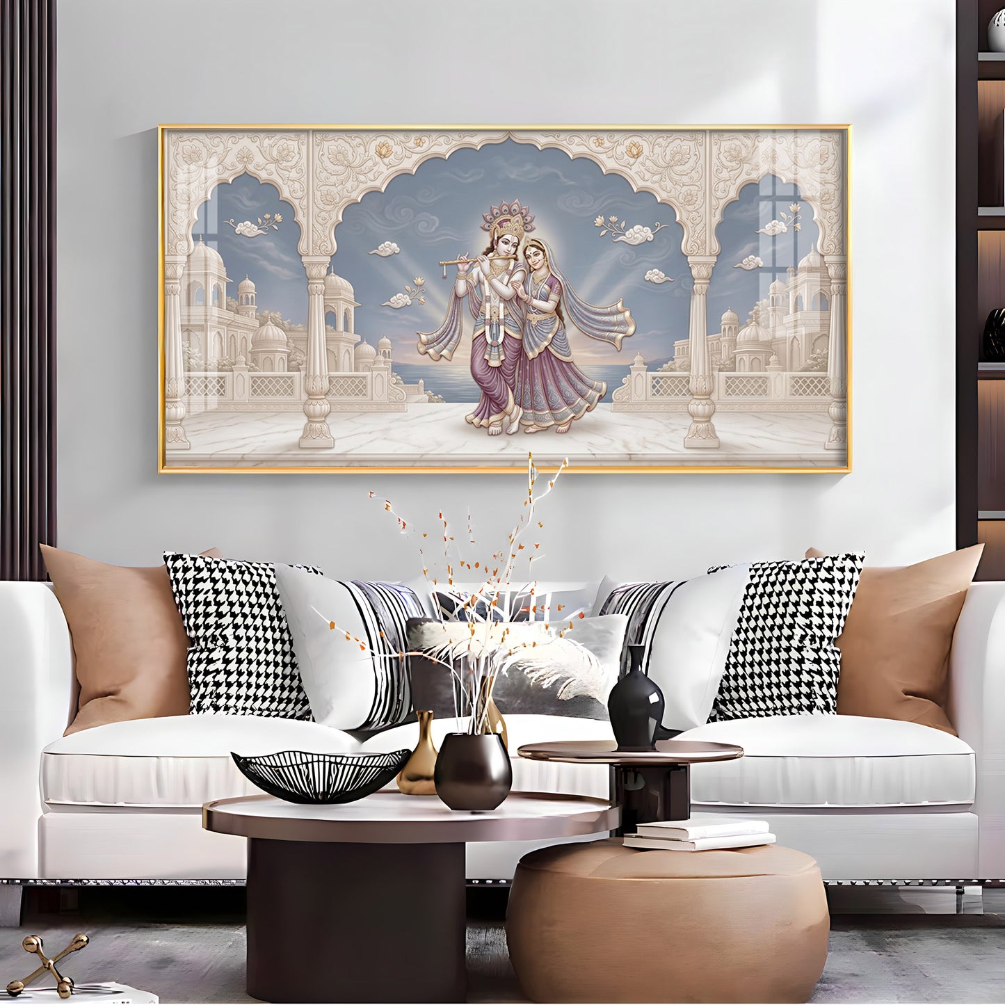 Shri Krishna Playing Flute With Radha Premium Acrylic Horizontal Wall Art