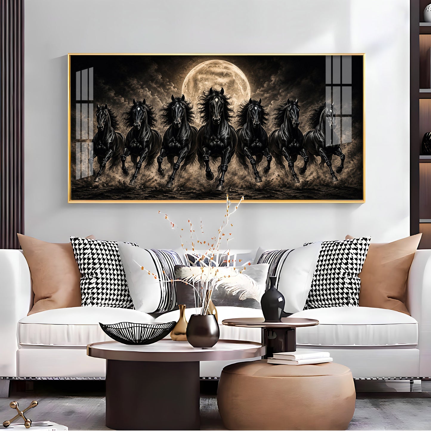 Seven Black Horses Full Moon Premium Acrylic Horizontal Wall Art