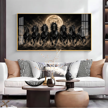 Seven Black Horses Full Moon Premium Acrylic Horizontal Wall Art