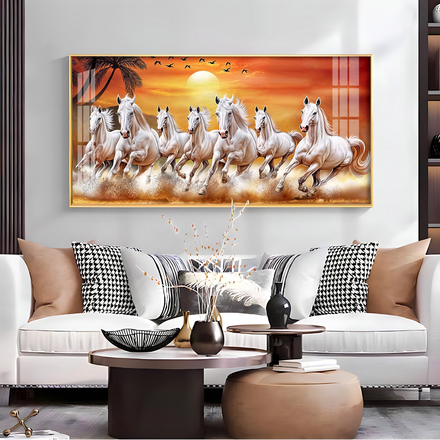 7 White Running Horses in The Sea With Sunrise Premium Acrylic Horizontal Wall Art