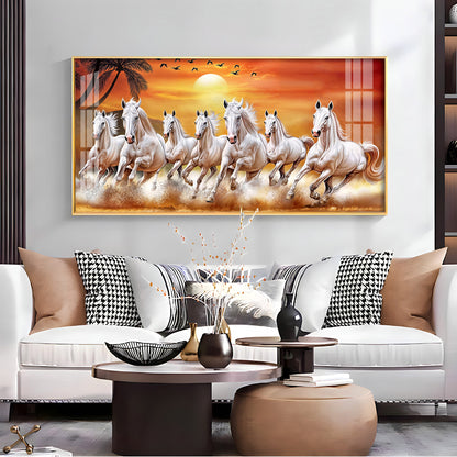 7 White Running Horses in The Sea With Sunrise Premium Acrylic Horizontal Wall Art