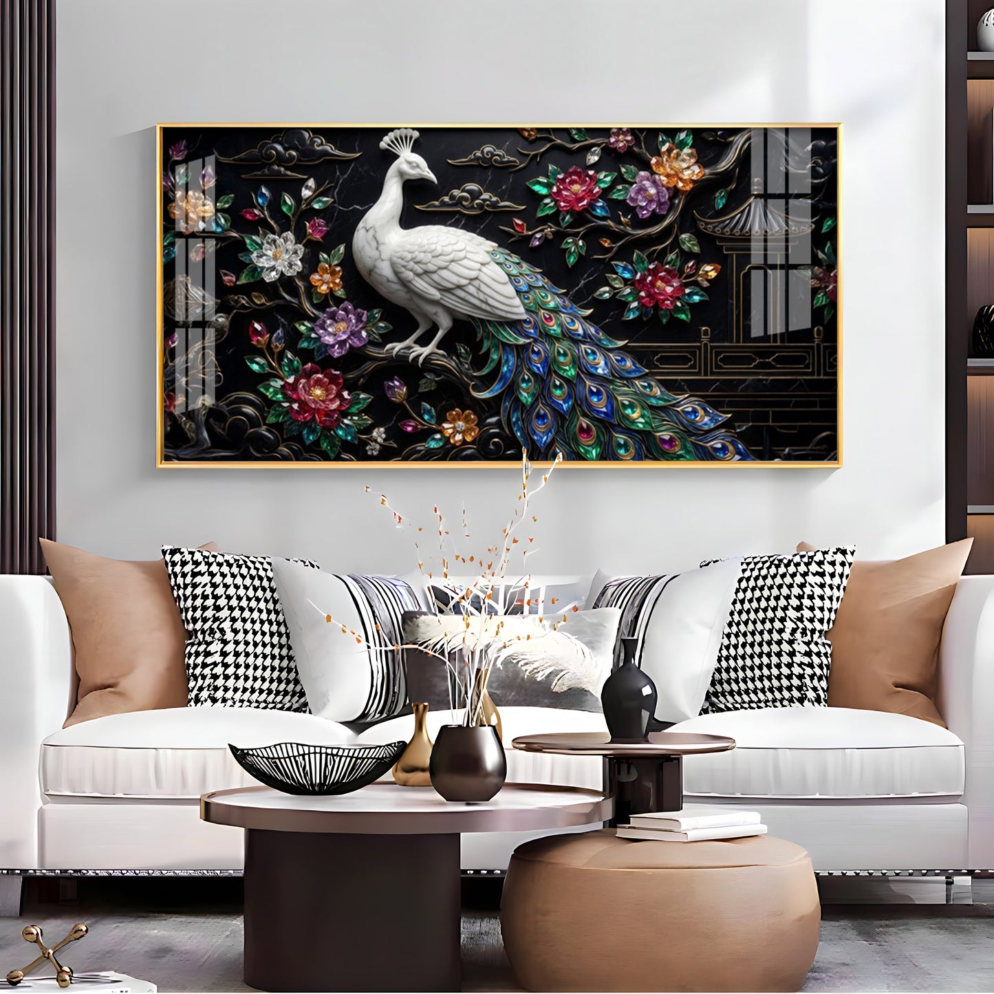 White Peacock With Colorful Background Premium Acrylic Horizontal Wall Art