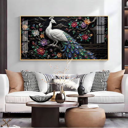 White Peacock With Colorful Background Premium Acrylic Horizontal Wall Art