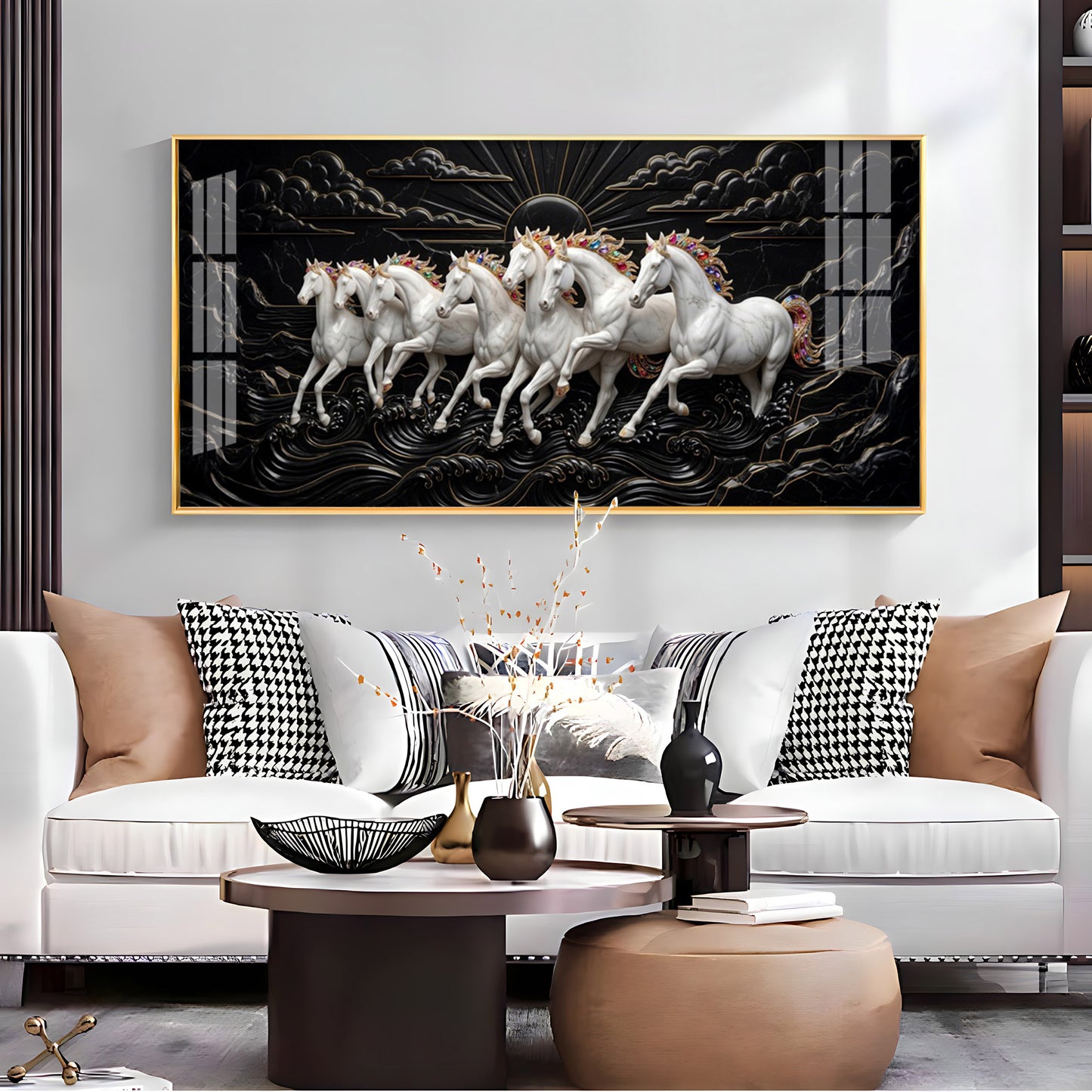 Pure Essence White Seven Horses Premium Acrylic Horizontal Wall Art