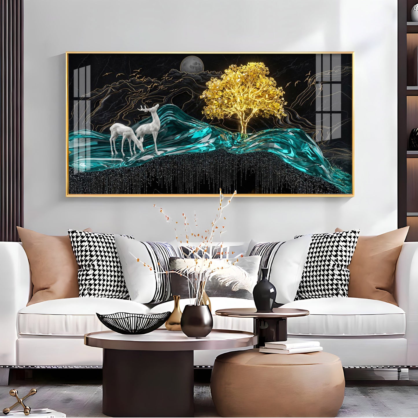 Deer With Golden Tree Harmony Premium Acrylic Horizontal Wall Art