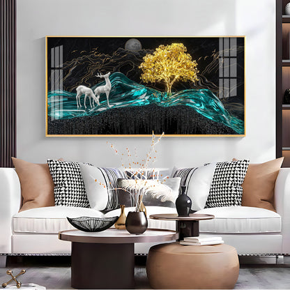 Deer With Golden Tree Harmony Premium Acrylic Horizontal Wall Art