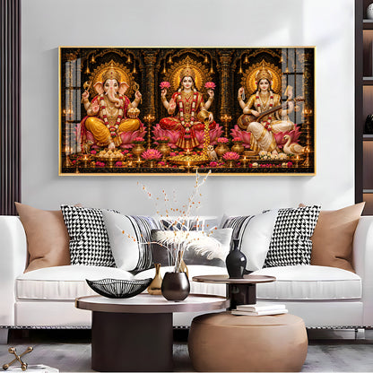 Maa Lakshmi, Saraswati & Ganesha Ji Premium Acrylic Horizontal Wall Art