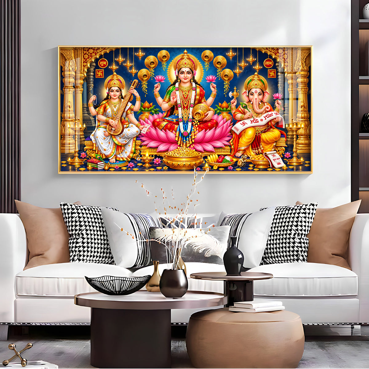 Maa Lakshmi, Ganesha and Saraswati Premium Acrylic Horizontal Wall Art