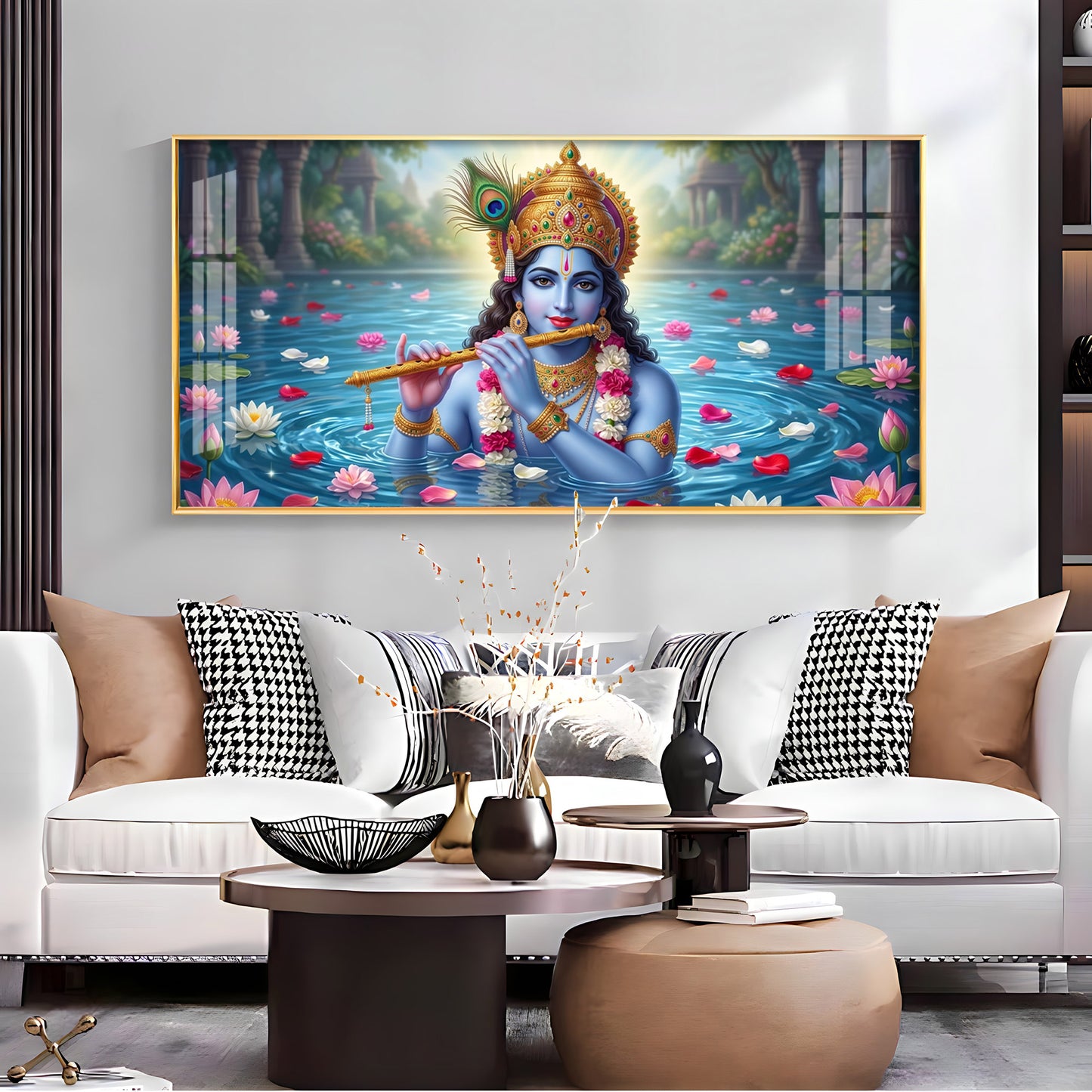 Krishna With Flute Under Pond Premium Acrylic Horizontal Wall Art