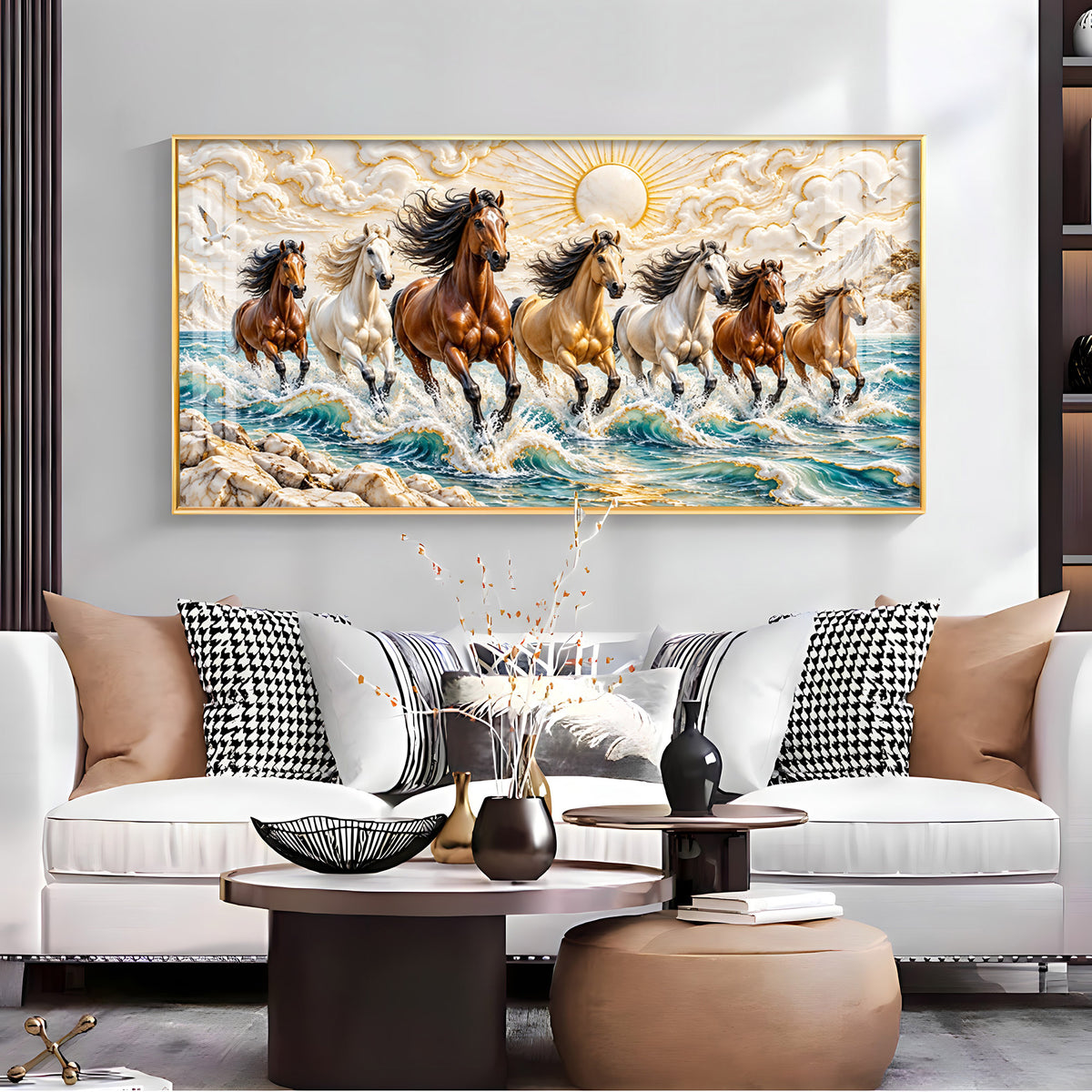 Seven Running Horses in Sea Premium Acrylic Horizontal Wall Art