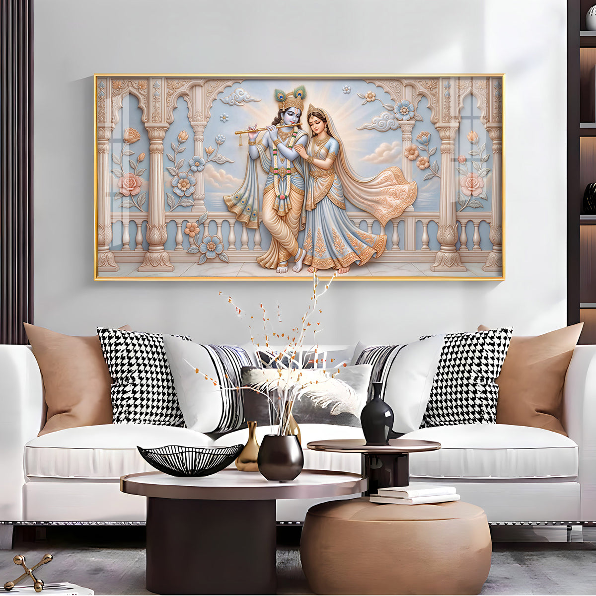 Krishna Playing The Flute Beside Radha Premium Acrylic Horizontal Wall Art