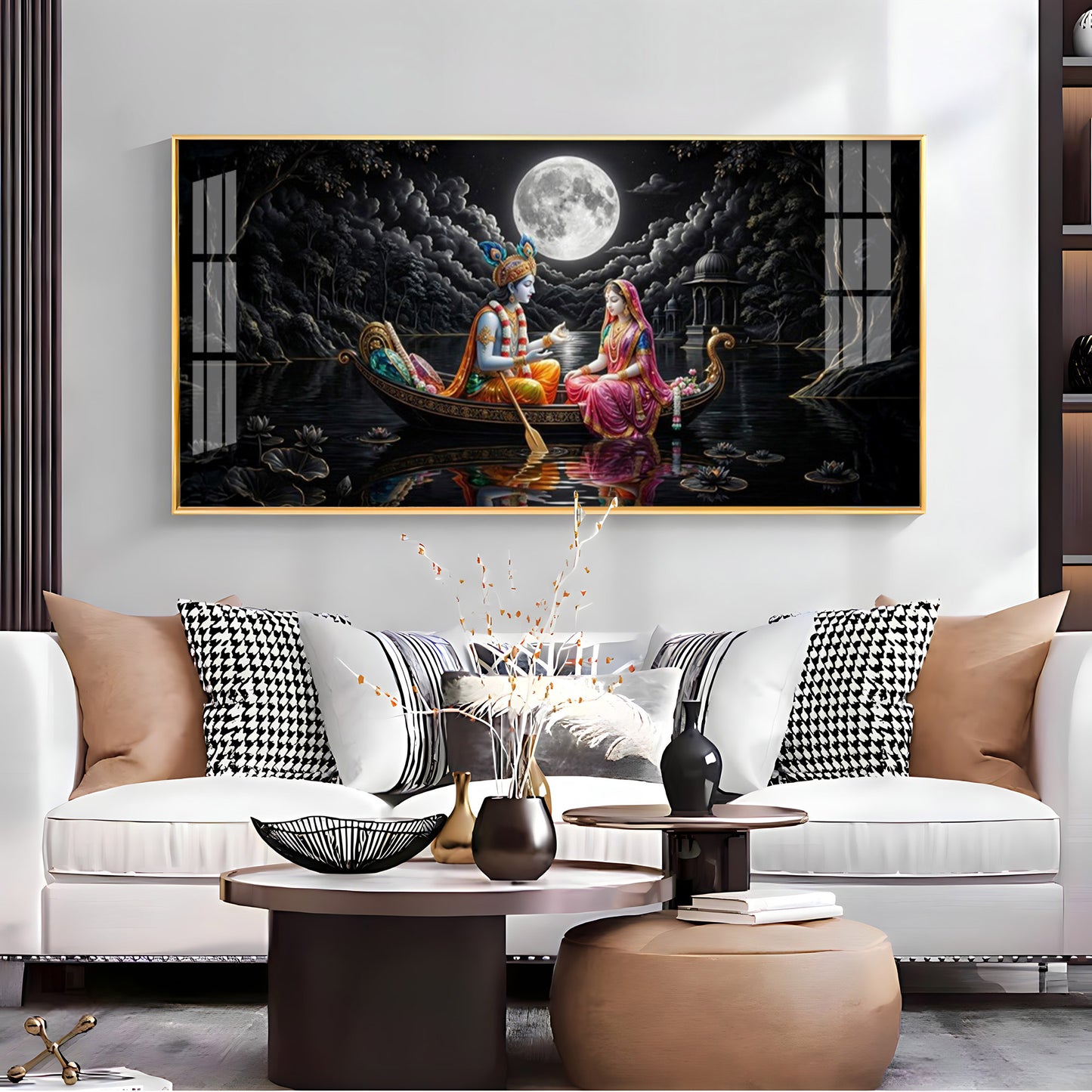 Radha & Krishna's Moonlit Journey Premium Acrylic Horizontal Wall Art