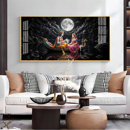 Radha & Krishna's Moonlit Journey Premium Acrylic Horizontal Wall Art