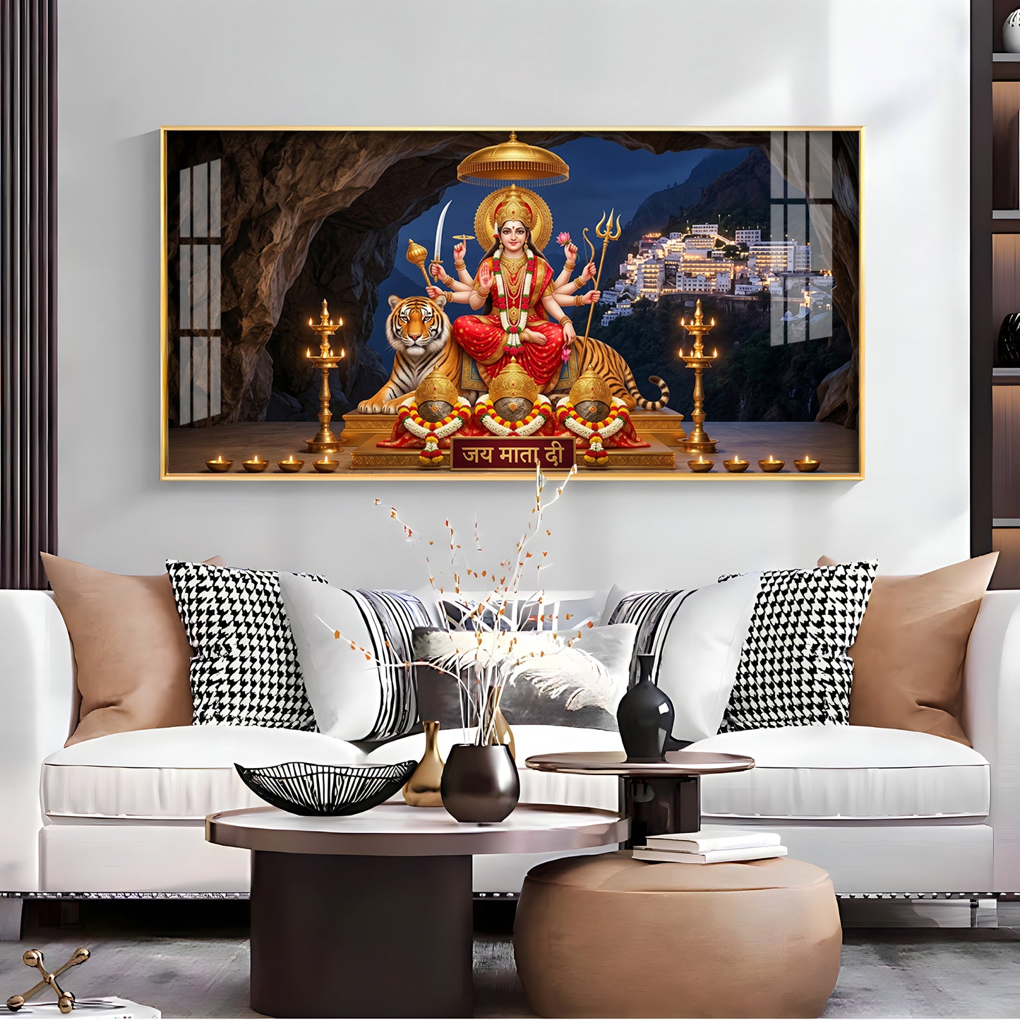 Goddess Durga With Maa Vaishno Devi Temple Premium Acrylic Horizontal Wall Art