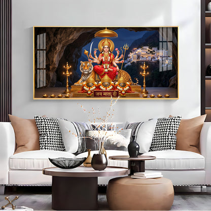 Goddess Durga With Maa Vaishno Devi Temple Premium Acrylic Horizontal Wall Art