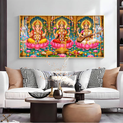 Divine Lord Ganesha, Goddess Lakshmi, and Goddess Saraswati Premium Acrylic Horizontal Wall Art