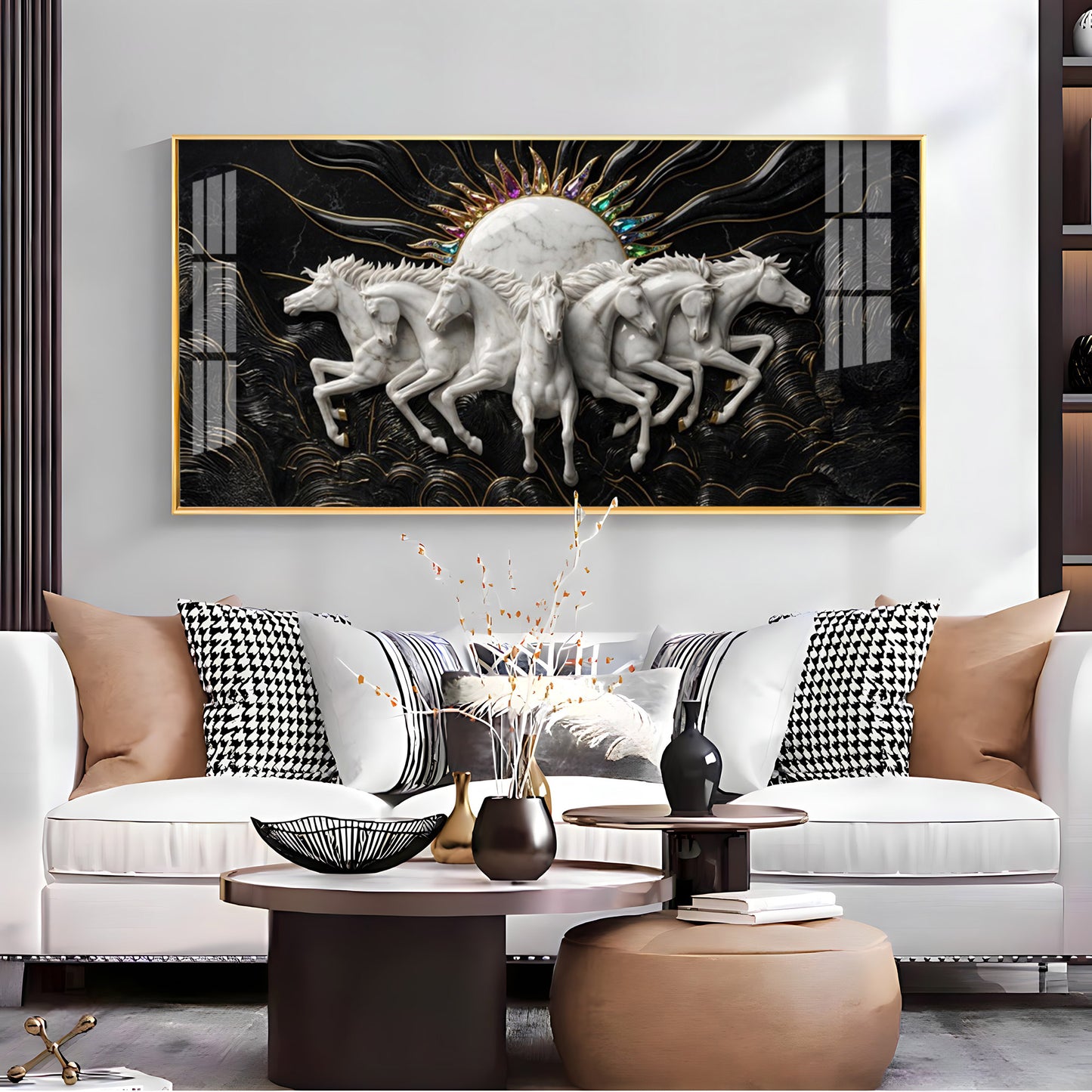 White Running Horses Premium Acrylic Horizontal Wall Art