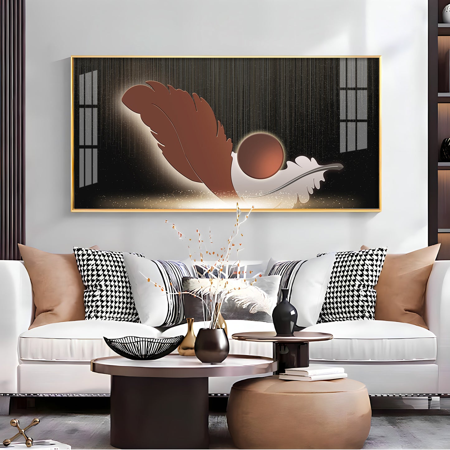 Feathers With Circle Design Premium Acrylic Horizontal Wall Art