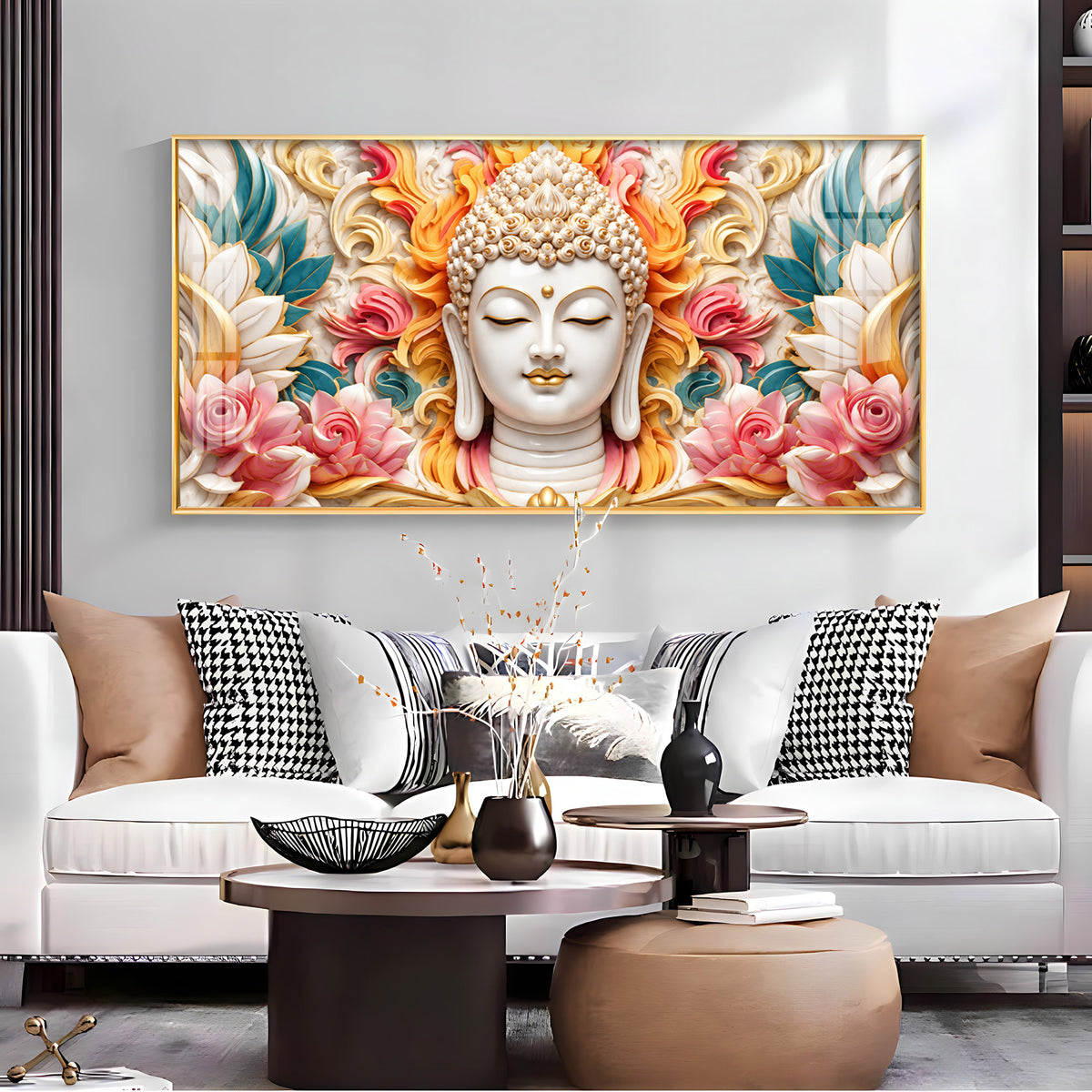 Meditating Buddha In Floral Premium Acrylic Horizontal Wall Art