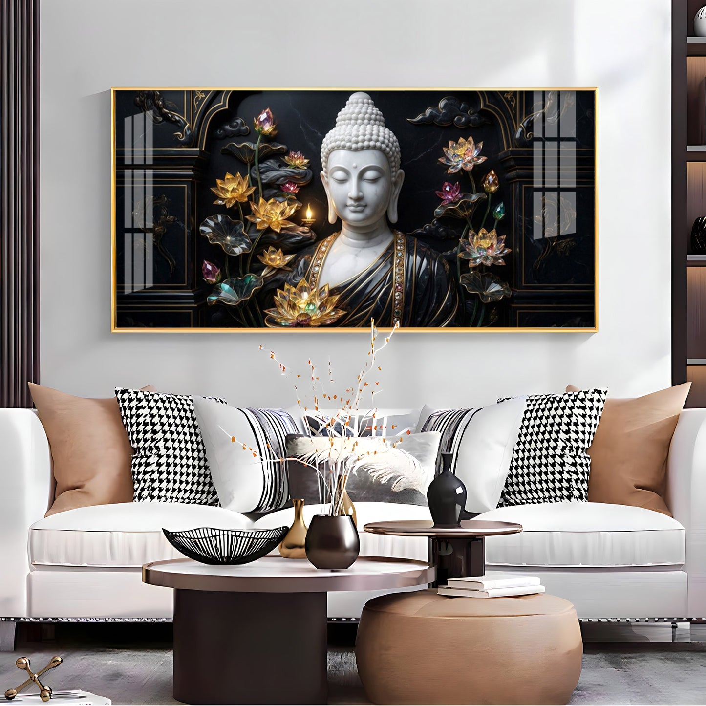 Buddha's Floral Embrace Premium Acrylic Horizontal Wall Art