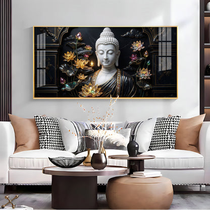 Buddha's Floral Embrace Premium Acrylic Horizontal Wall Art