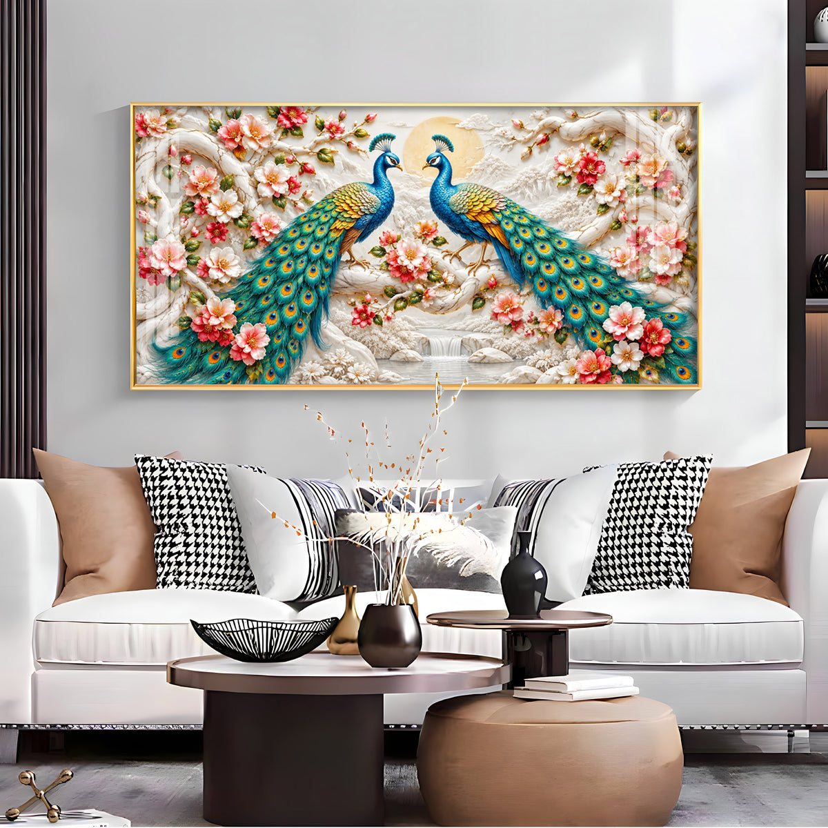 Pair of Peacocks With Flower Premium Acrylic Horizontal Wall Art
