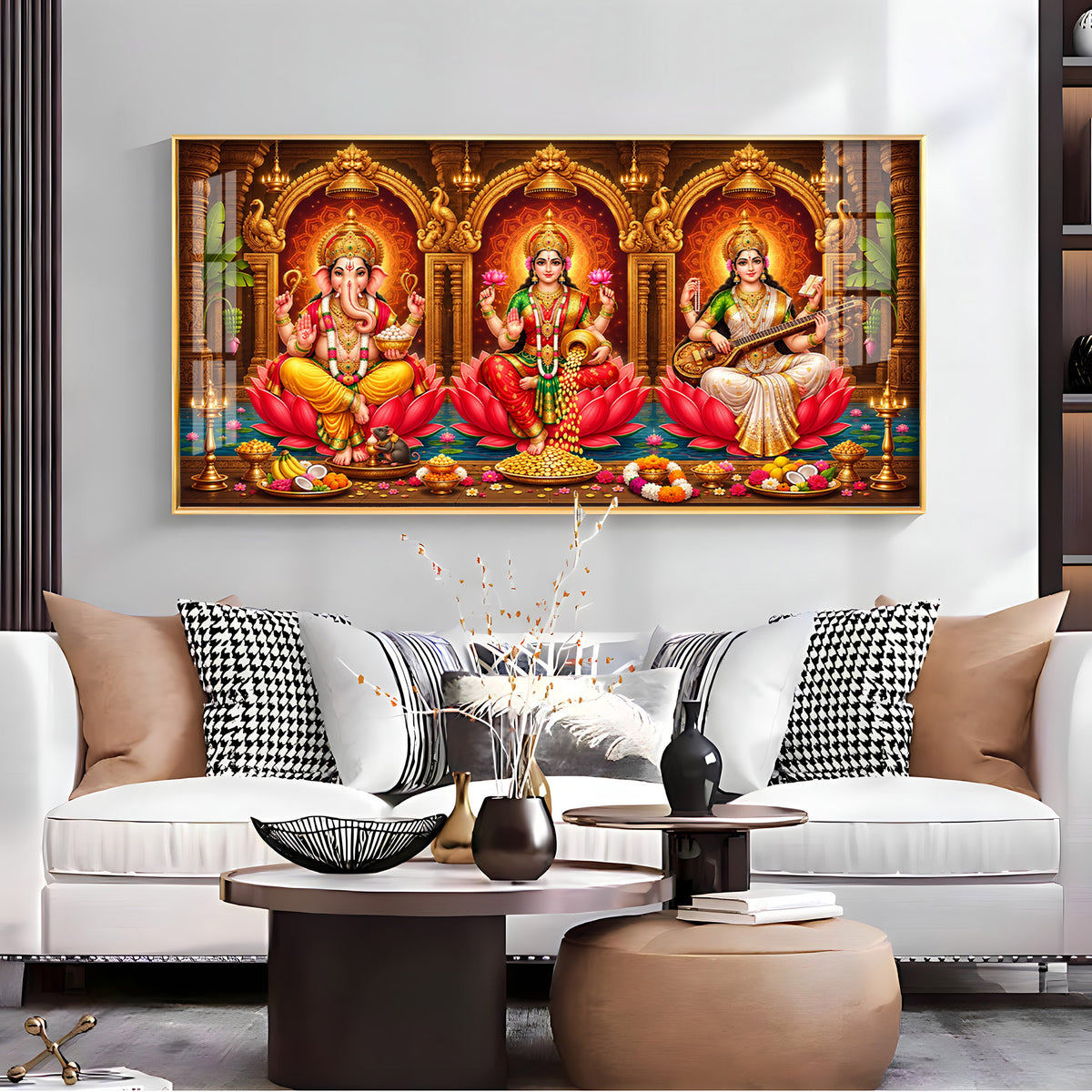 Lord Ganesha, Goddess Lakshmi and Goddess Saraswati Premium Acrylic Horizontal Wall Art