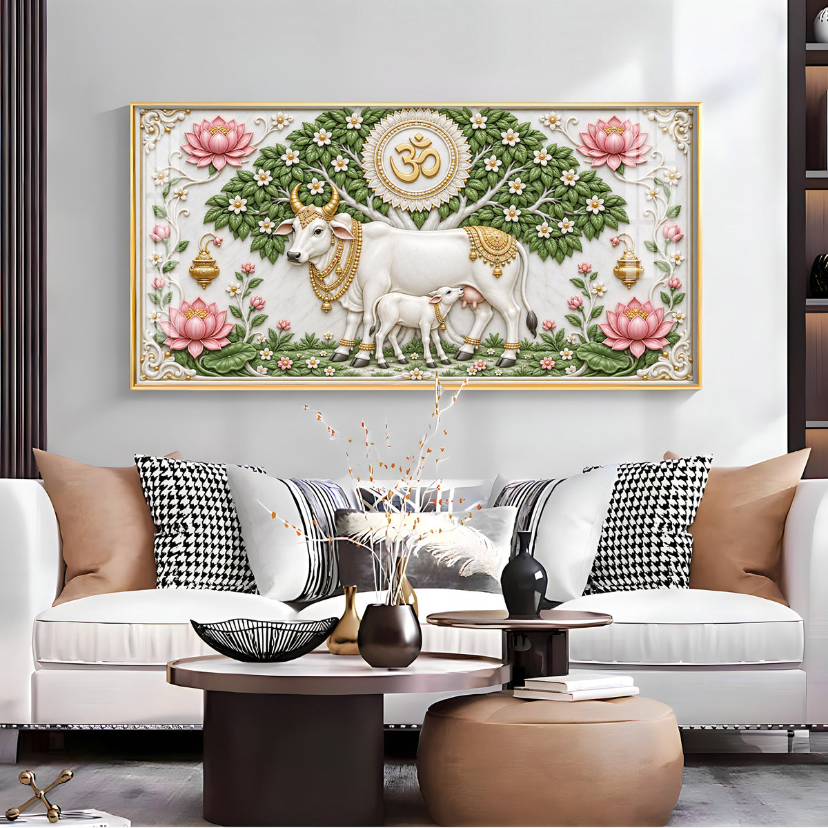 Sacred Kamdhenu Cow Calf Premium Acrylic Horizontal Wall Art