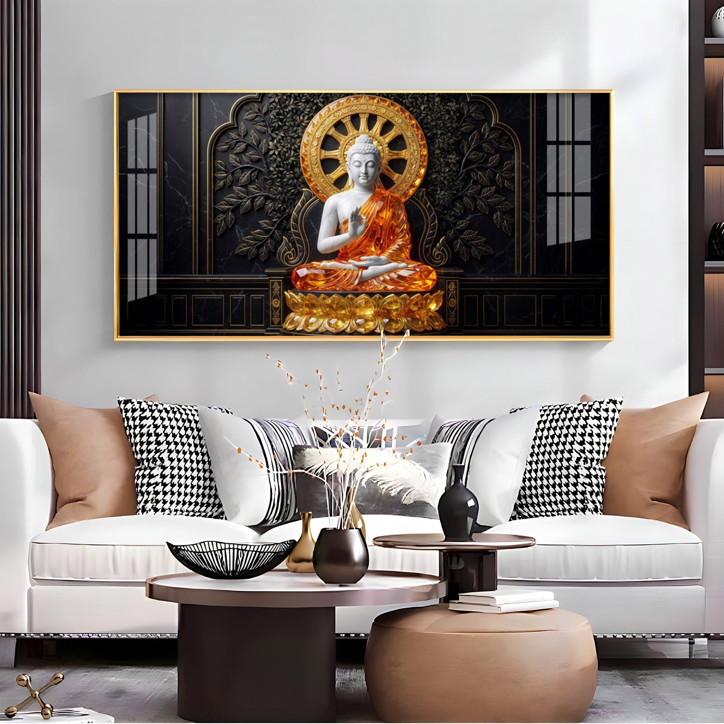 Buddha Meditating Gold & White Premium Acrylic Horizontal Wall Art
