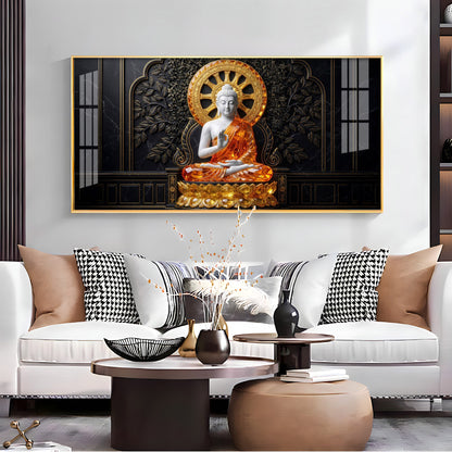 Buddha Meditating Gold & White Premium Acrylic Horizontal Wall Art