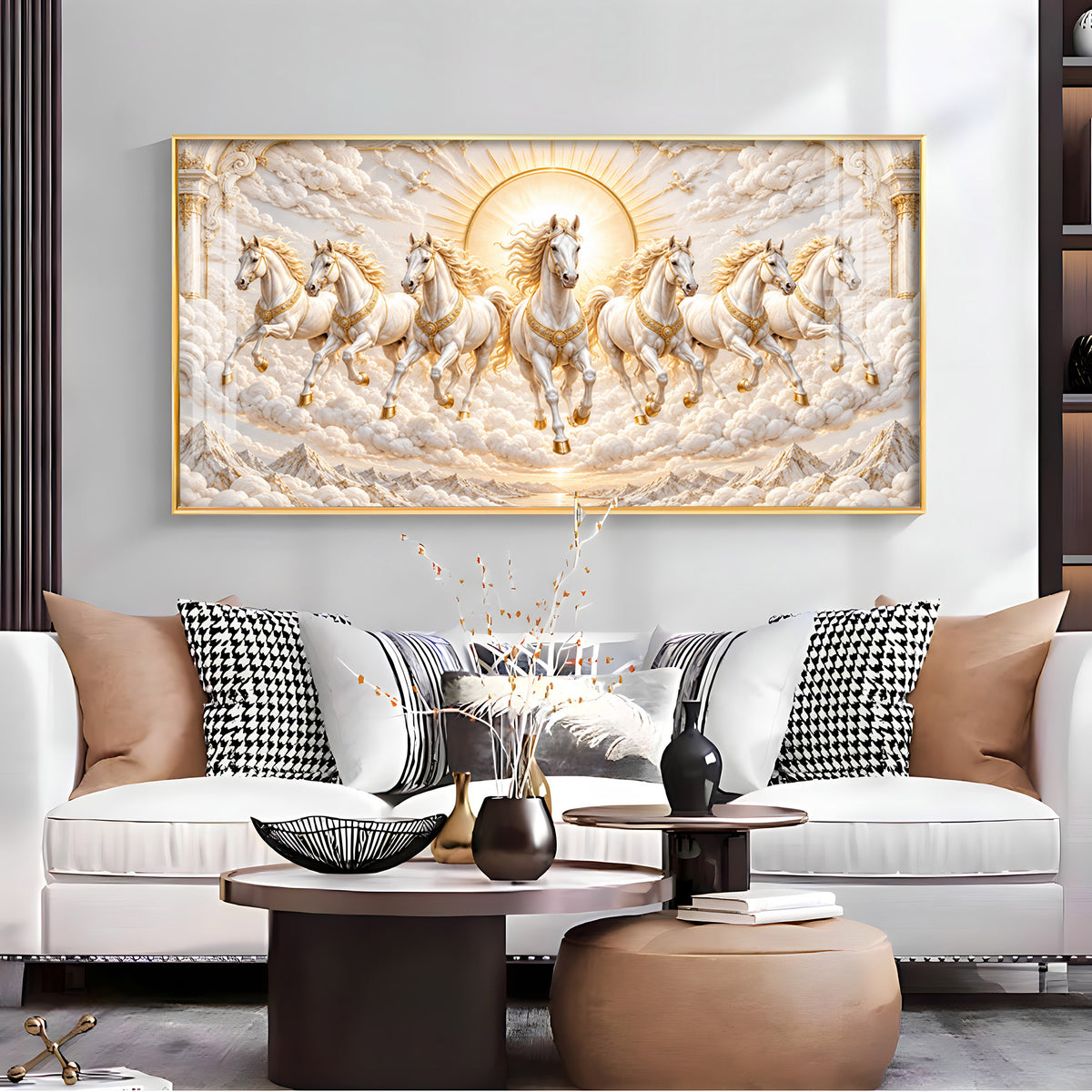 Seven Golden White Horses Premium Acrylic Horizontal Wall Art