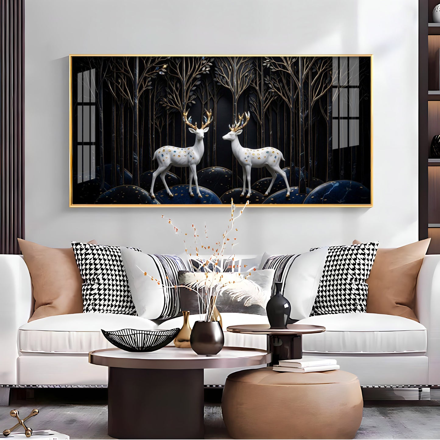 Two White Deer With Golden Antlers Premium Acrylic Horizontal Wall Art