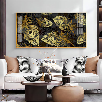 Black & Gold Feather Premium Acrylic Horizontal Wall Art